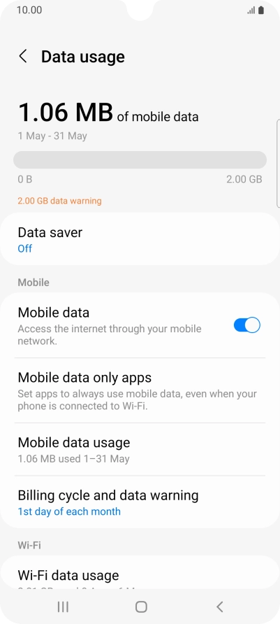 The total data usage is displayed. The total data usage is displayed.