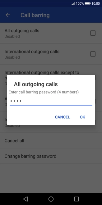 Key in your barring password and press OK. The default barring password is 0000.
