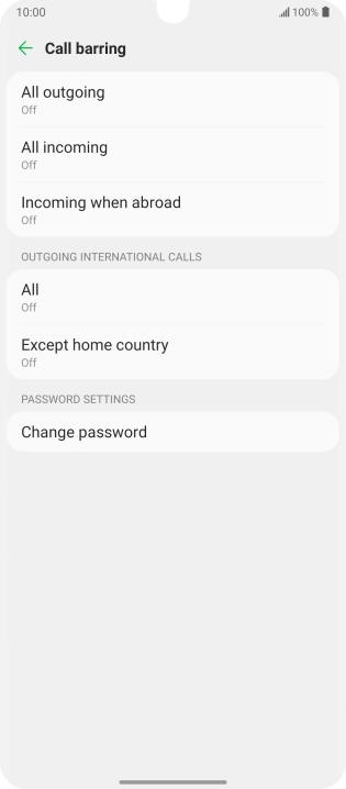 Press the required barring type to turn the function on or off.