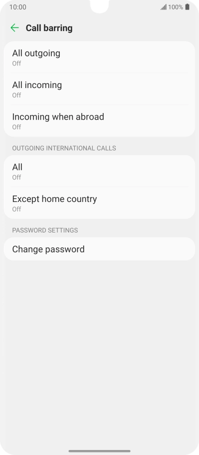 Press the required barring type to turn the function on or off.