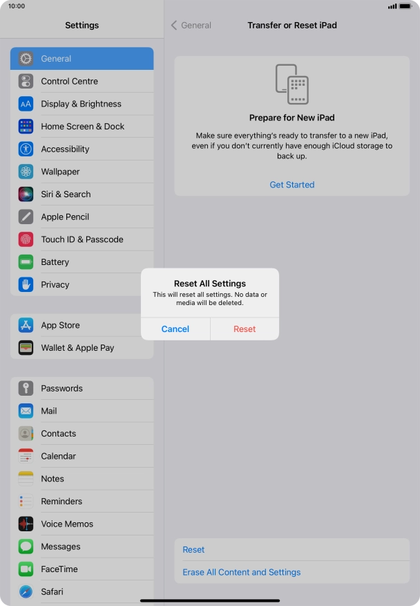 Press Reset. Wait a moment while the factory default settings are restored. Follow the instructions on the screen to set up your tablet and prepare it for use.
