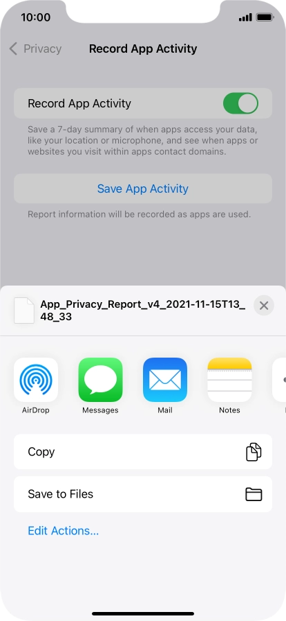 Press the required setting and follow the instructions on the screen to share or save the app activity report.