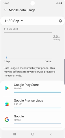The data usage for each application is displayed below the name of the application.
