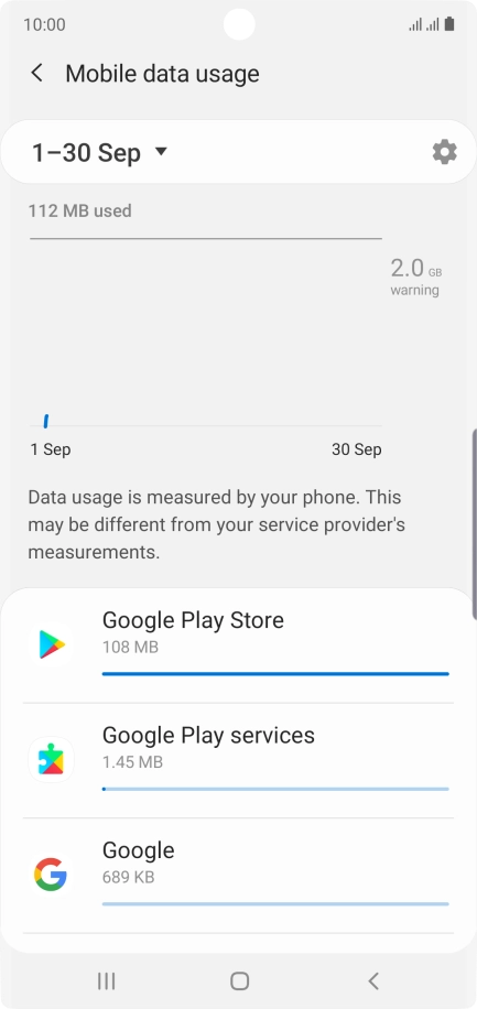 The data usage for each application is displayed below the name of the application.