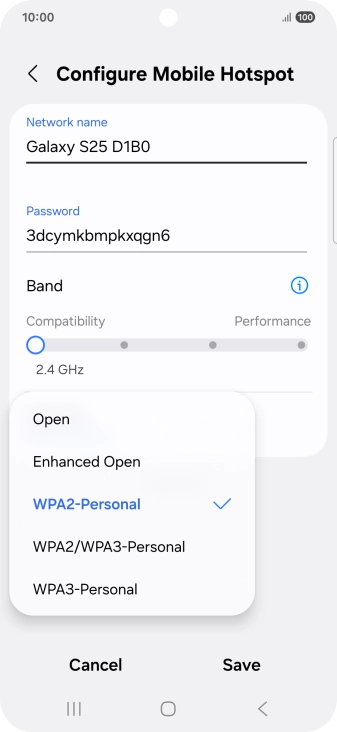 Press WPA3-Personal to password protect your Wi-Fi hotspot.