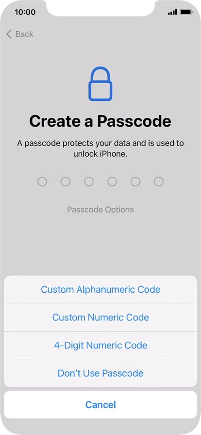 Follow the instructions on the screen to turn on use of phone lock code or press Don't Use Passcode.