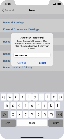 Key in the password for your Apple ID and press Erase. Wait a moment while the factory default settings are restored. Follow the instructions on the screen to set up your phone and prepare it for use.