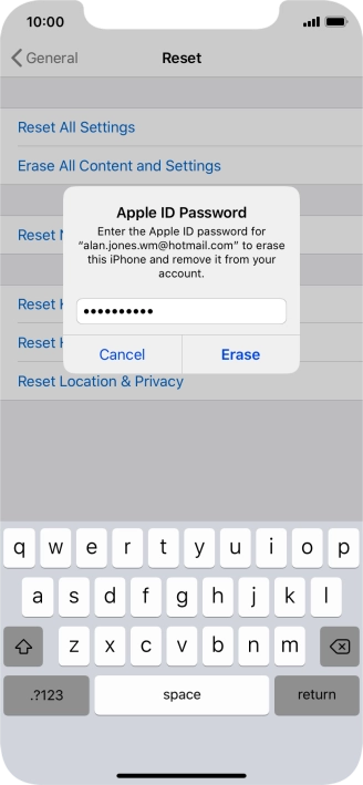 Key in the password for your Apple ID and press Erase. Wait a moment while the factory default settings are restored. Follow the instructions on the screen to set up your phone and prepare it for use.