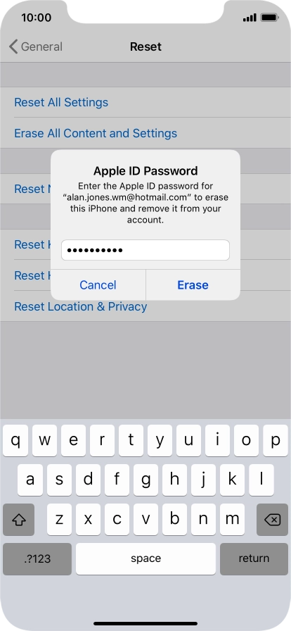Key in the password for your Apple ID and press Erase. Wait a moment while the factory default settings are restored. Follow the instructions on the screen to set up your phone and prepare it for use.