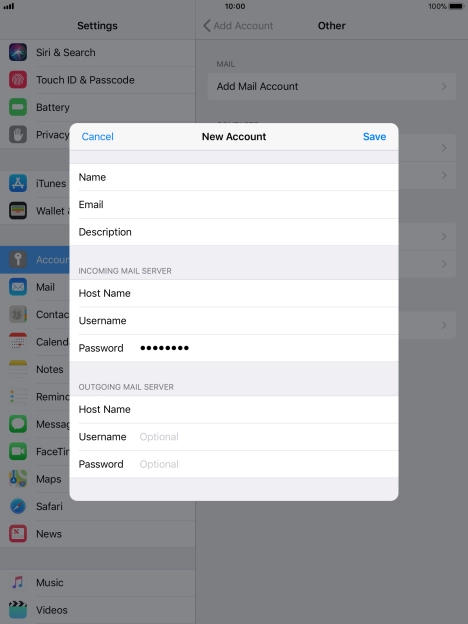Press Username and key in the username for your email account. Please note that if you're using Vodafone's outgoing server, leave the username field empty.