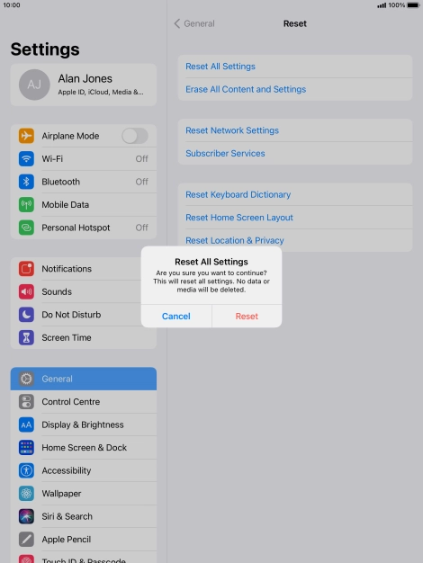 Press Reset. Wait a moment while the factory default settings are restored. Follow the instructions on the screen to set up your tablet and prepare it for use.
