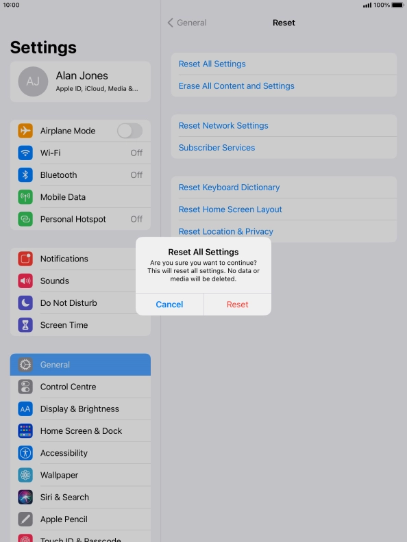 Press Reset. Wait a moment while the factory default settings are restored. Follow the instructions on the screen to set up your tablet and prepare it for use.