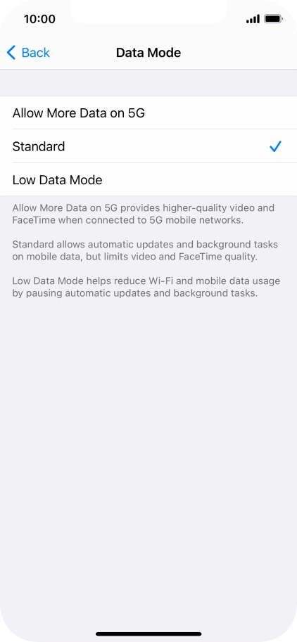 Press the required setting.