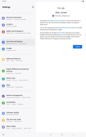 Press I agree and follow the instructions on the screen to select settings for your Google account.