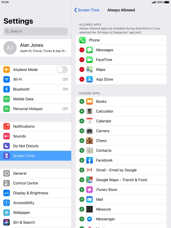 Press the remove icon next to the required app to remove it from the list of allowed apps during Downtime.