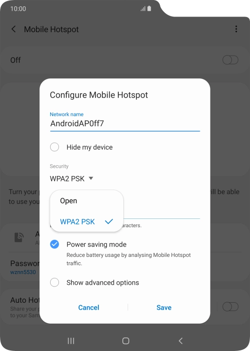 Press WPA2 PSK to password protect your Wi-Fi hotspot.