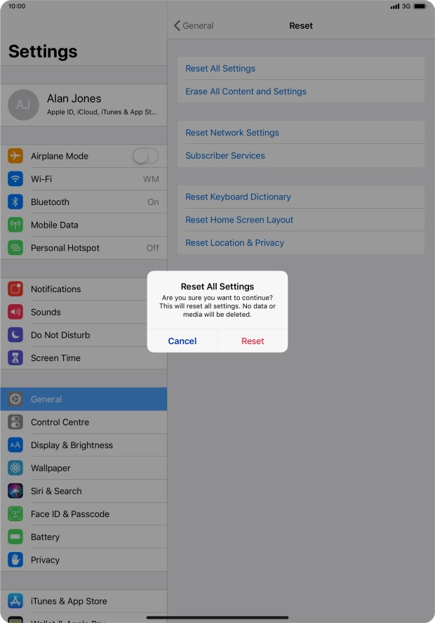 Press Reset. Wait a moment while the factory default settings are restored. Follow the instructions on the screen to set up your tablet and prepare it for use.