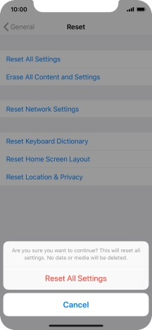 Press Reset All Settings. Wait a moment while the factory default settings are restored. Follow the instructions on the screen to set up your phone and prepare it for use.