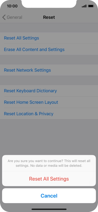 Press Reset All Settings. Wait a moment while the factory default settings are restored. Follow the instructions on the screen to set up your phone and prepare it for use.