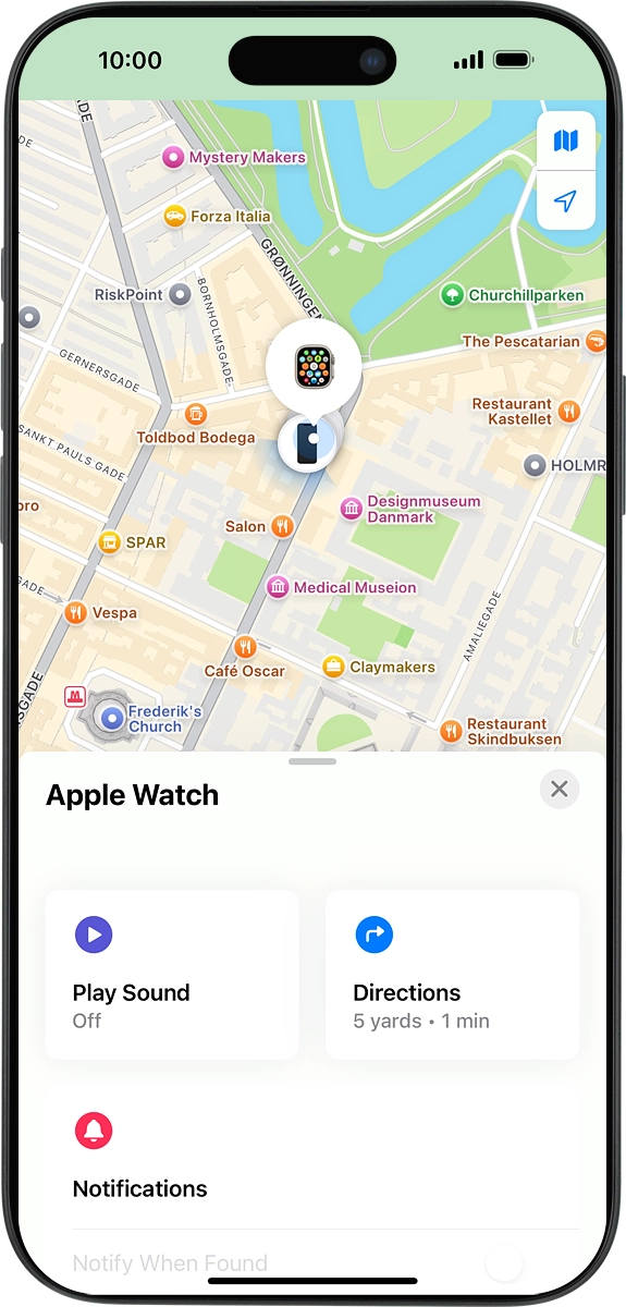 The latest position of your Apple Watch is displayed on the map.