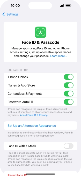 Press the indicators next to the required settings to turn them on or off.