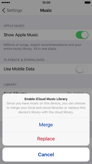 Press Merge to merge the music library on your phone with the iCloud Music Library.