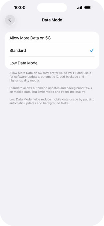 Press the required setting.