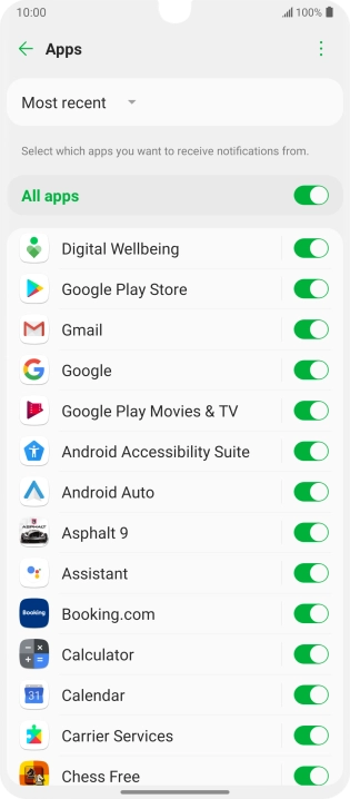 Press the indicators next to the required apps to turn the function on or off.