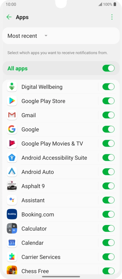 Press the indicators next to the required apps to turn the function on or off.