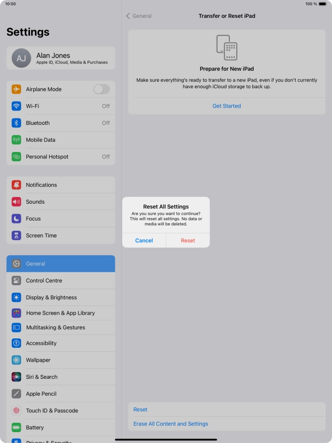 Press Reset. Wait a moment while the factory default settings are restored. Follow the instructions on the screen to set up your tablet and prepare it for use.