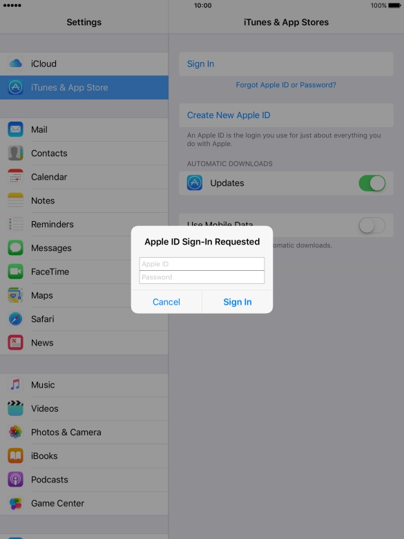 Press Apple ID and key in the username for your Apple ID.
