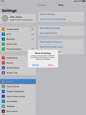 Press Reset. Wait a moment while the factory default settings are restored. Follow the instructions on the screen to set up your tablet and prepare it for use.