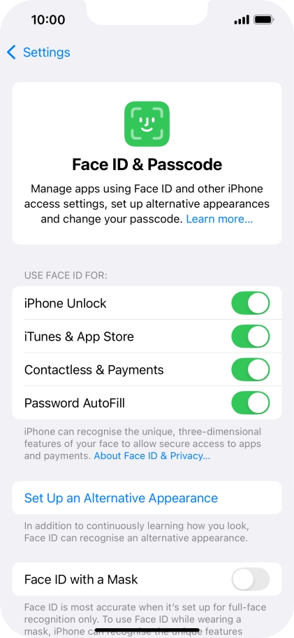 Press the indicators next to the required settings to turn them on or off.