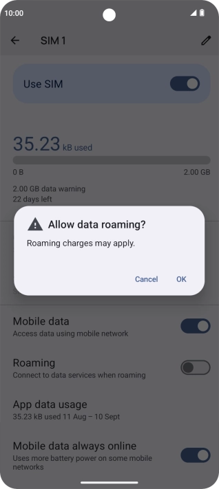If you turn on data roaming, press OK.