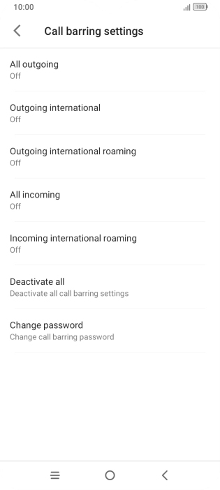 Press the required barring type to turn the function on or off.