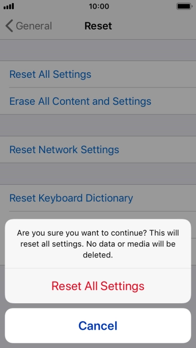 Press Reset All Settings. Wait a moment while the factory default settings are restored. Follow the instructions on the screen to set up your phone and prepare it for use.