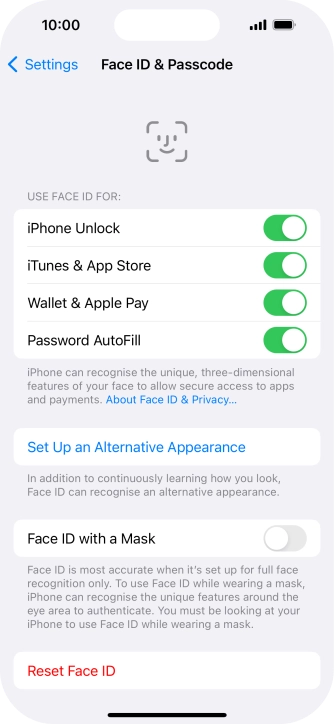 Press the indicators next to the required settings to turn them on or off.