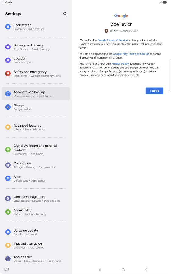 Press I agree and follow the instructions on the screen to select settings for your Google account.