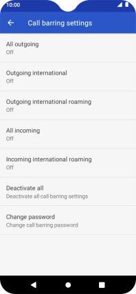 Press the required barring type to turn the function on or off.