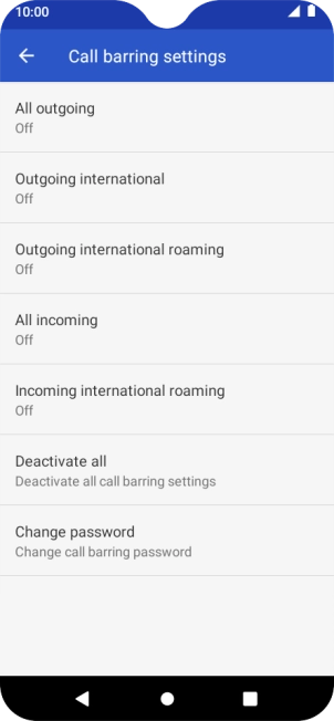 Press the required barring type to turn the function on or off.