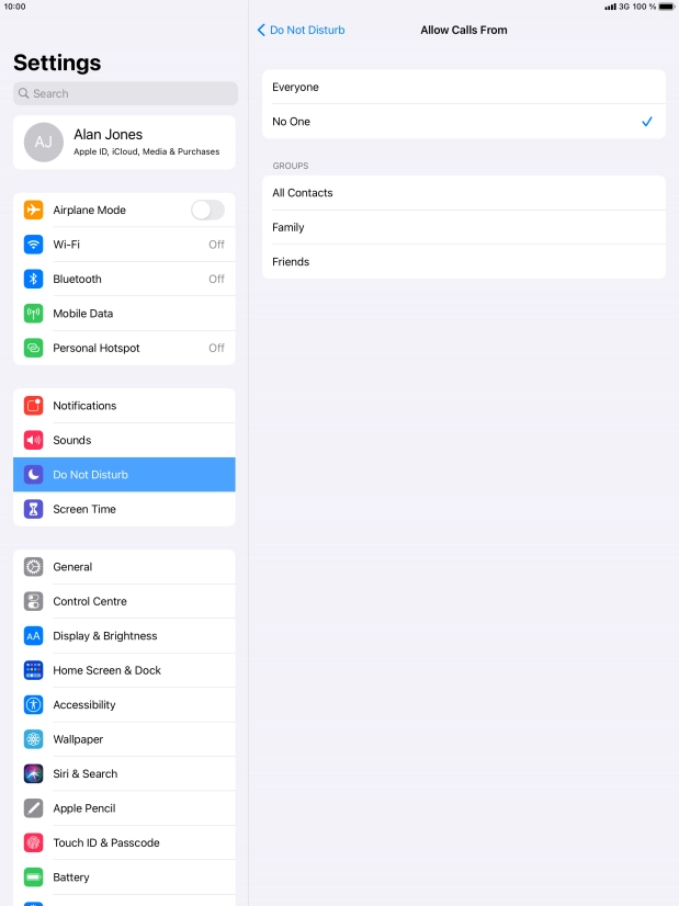 Press the required setting to select which contacts can call you even though Do Not Disturb is turned on.