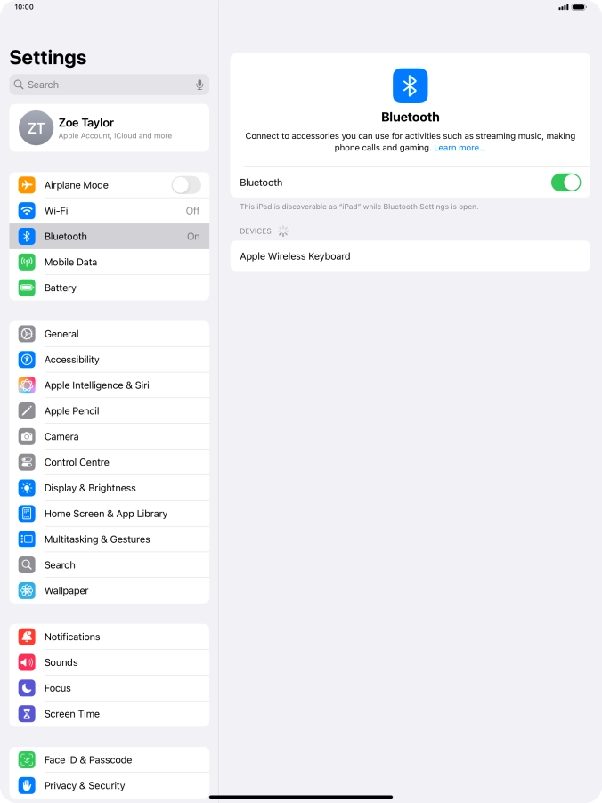 Press the required Bluetooth device and follow the instructions on the screen to pair the device with your tablet.