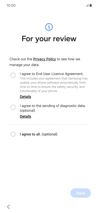 Press the fields next to the required settings to select them.