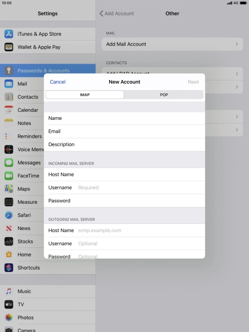 Press Username and key in the username for your email account.