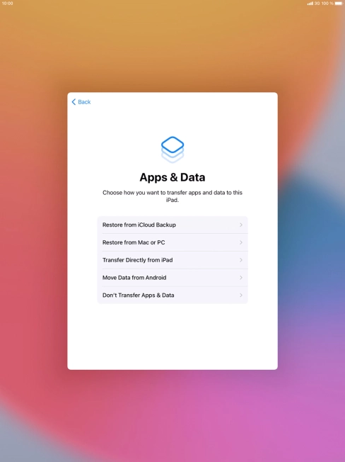 You can restore content from an iCloud backup when your tablet is activated for the first time and after a factory reset. When this screen is displayed, your tablet is ready to restore content from an iCloud backup.
