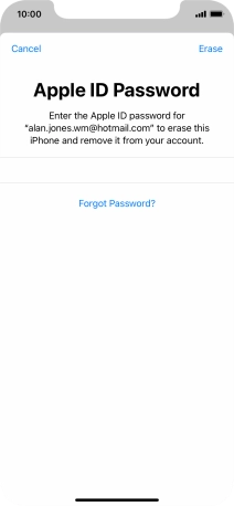Key in the password for your Apple ID and press Erase. Wait a moment while the factory default settings are restored. Follow the instructions on the screen to set up your phone and prepare it for use.