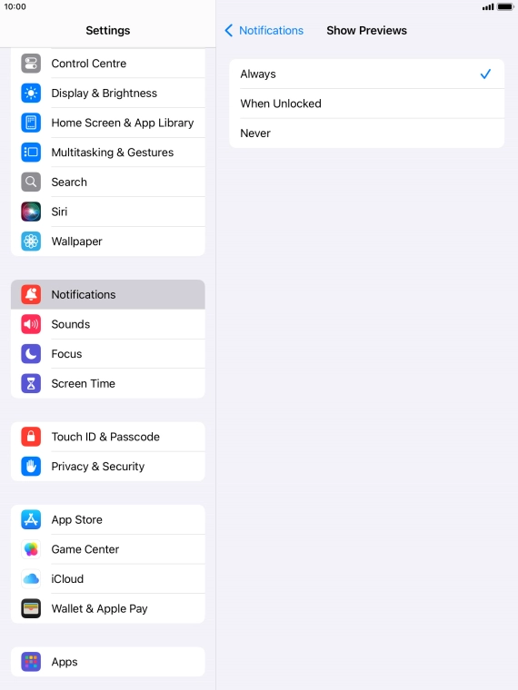 To select notification preview on the lock screen, press Always.