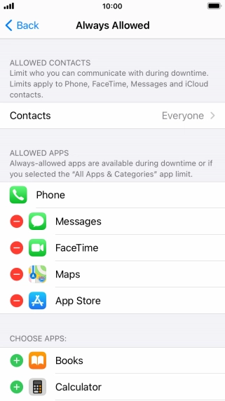 Press the remove icon next to the required app to remove it from the list of allowed apps during Downtime.