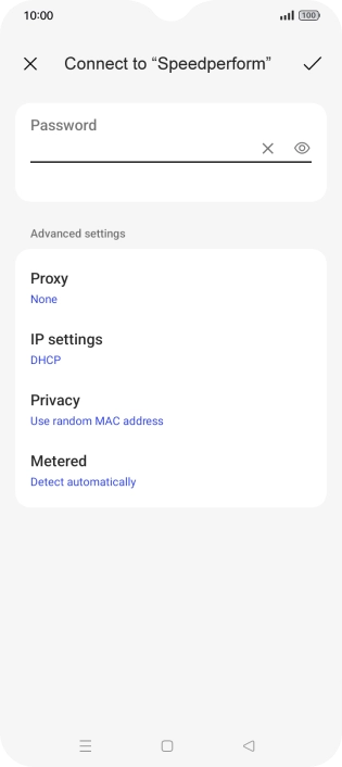 Key in the password for the Wi-Fi network and press the confirm icon.