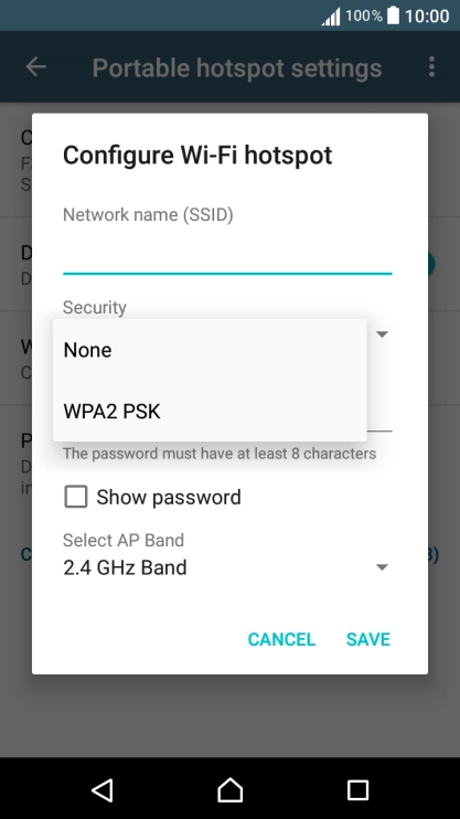 Press WPA2 PSK to password protect your Wi-Fi hotspot.